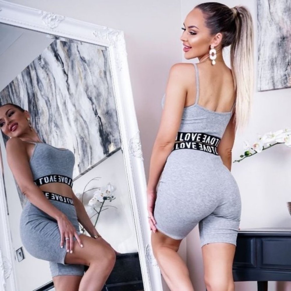 Gray Love Print Sleeveless Crop Top and Shorts Two Piece Set - Picture 9 of 10